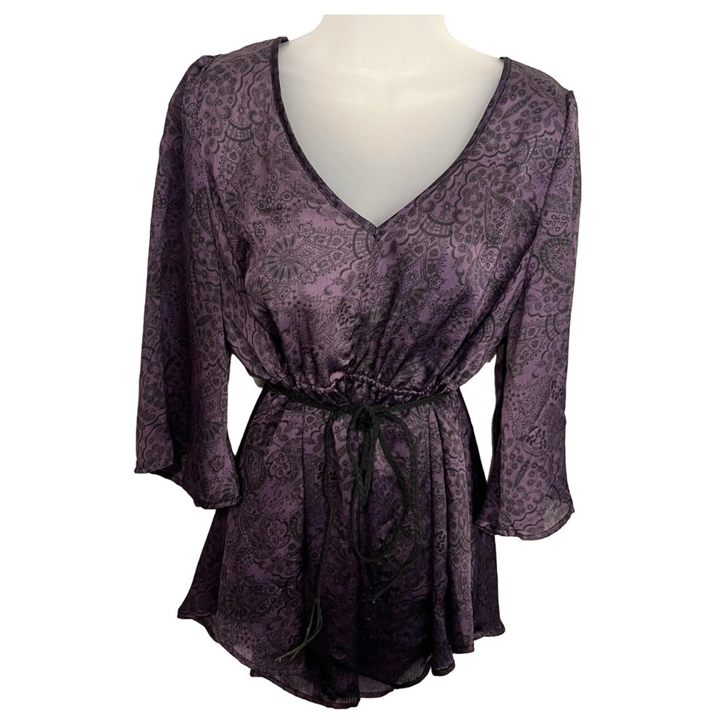 Pure Energy 2X Y2K Babydoll Top Belt Purple Black V Neck Grunge Whimsigoth Fairy
